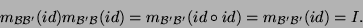 \begin{displaymath}m_{{\cal B}{\cal B}'}(id)m_{{\cal B}'{\cal B}}(id)= m_{{\cal B}'{\cal B}'}(id\circ
id)=m_{{\cal B}'{\cal B}'}(id)=I.\end{displaymath}