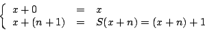 \begin{displaymath}\left\{\begin{array}{lcl}x+0&=&x\\ x+(n+1)&=&S(x+n) =
(x+n)+1\end{array}\right.\end{displaymath}