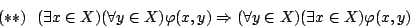 \begin{displaymath}(**)\ \ (\exists x\in X)(\forall y\in X)\varphi(x,y)\Rightarrow(\forall y\in X)(\exists
x\in X)\varphi(x,y)\end{displaymath}